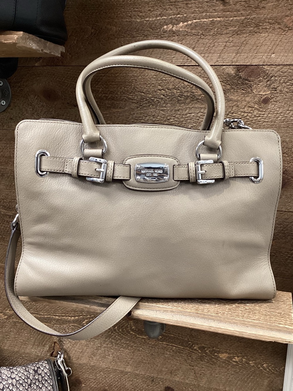 Michael Kors Beige Pebbled Leather Hamilton Satchel Shoulder Bag Silver Hardware
